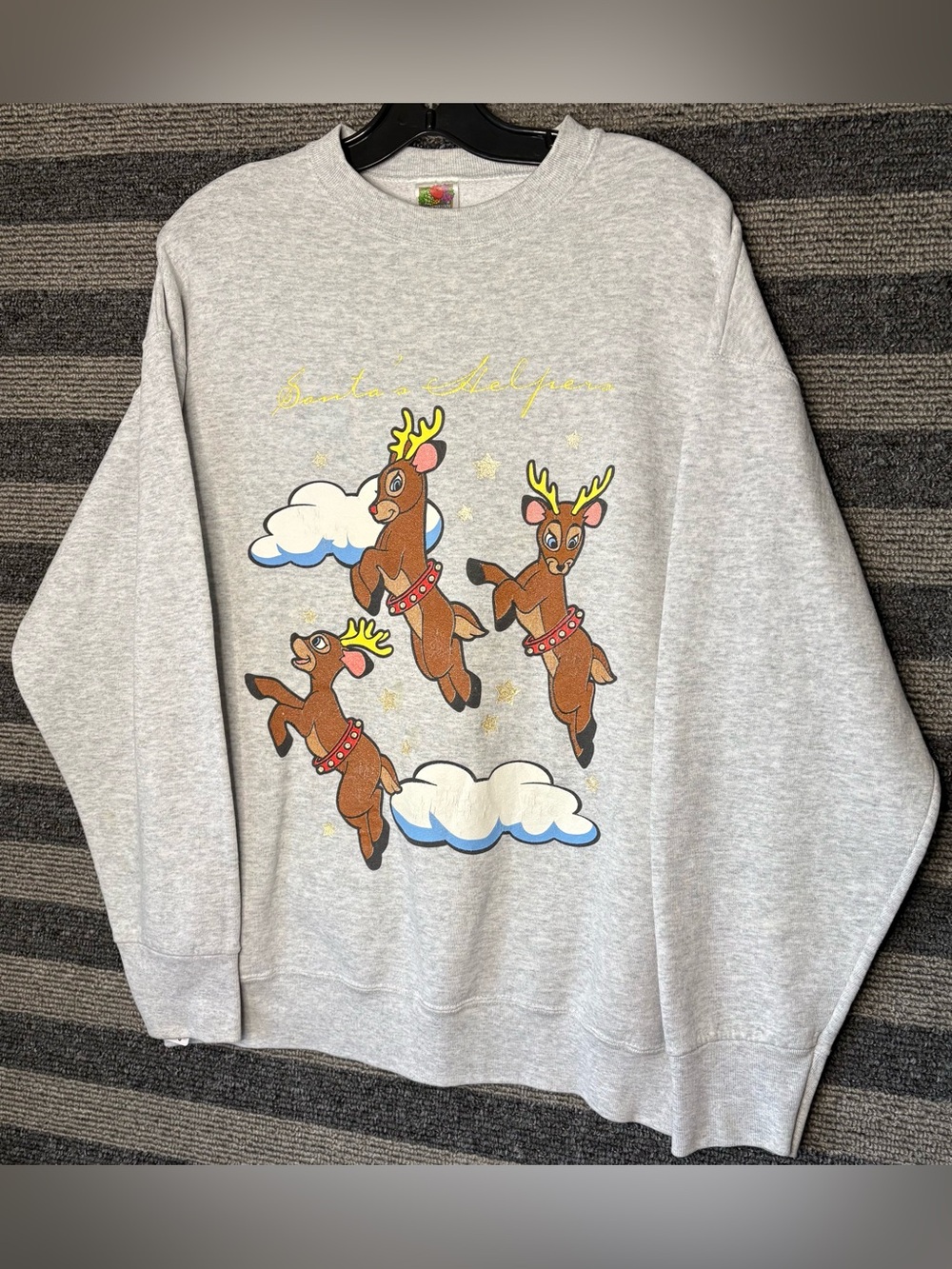 Vintage 90’s Santa’s Helpers Reindeer Christmas Grey Crewneck Sweatshirt XL